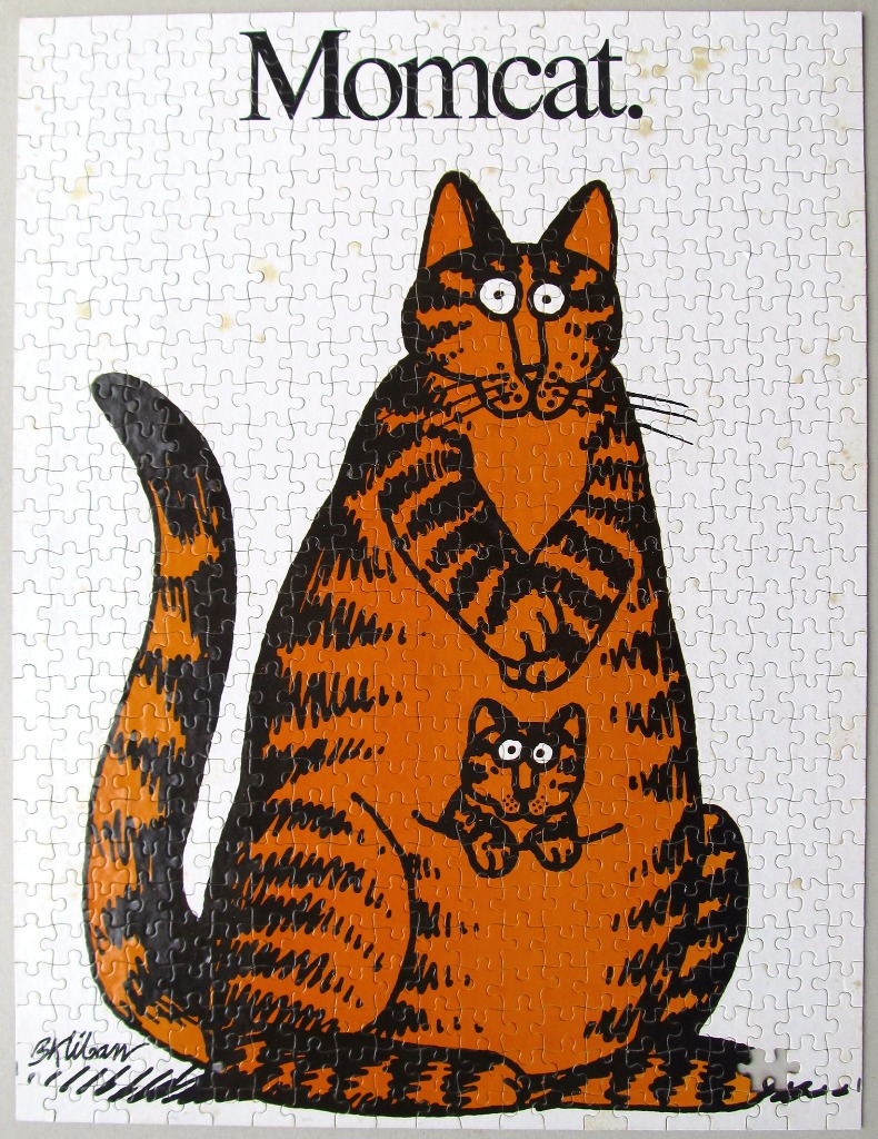 An illustration of a large orange tabby cat holding a kitten in a pouch, labeled Momcat.