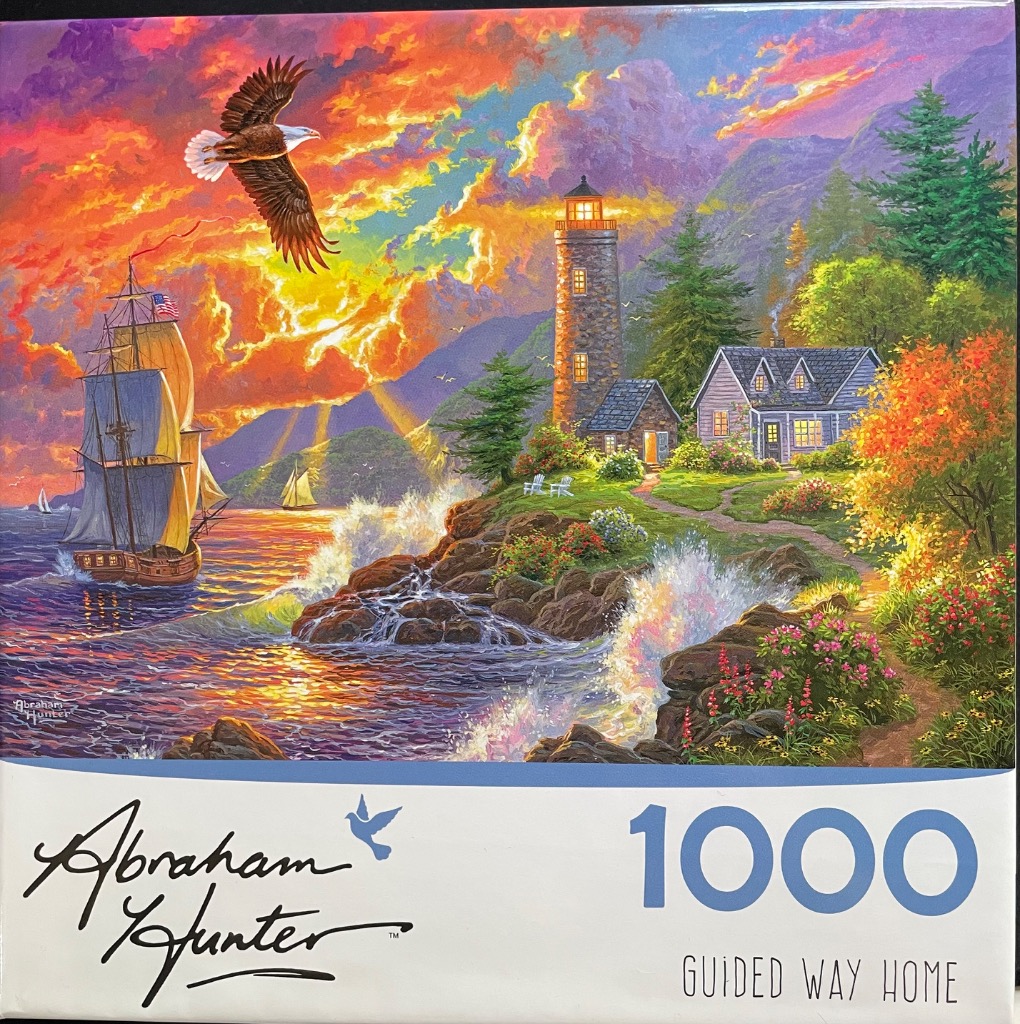 A bald eagle flies over a coastal scene with a tall ship, a stone lighthouse, and a cottage at sunset.