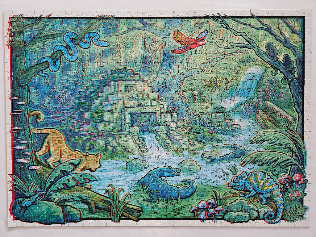 An illustration of a jungle temple with a jaguar, alligator, and parrot in anaglyph 3D style.