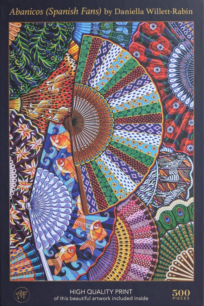 A vibrant collage of overlapping, intricately patterned Spanish hand fans in various colours and themes.
