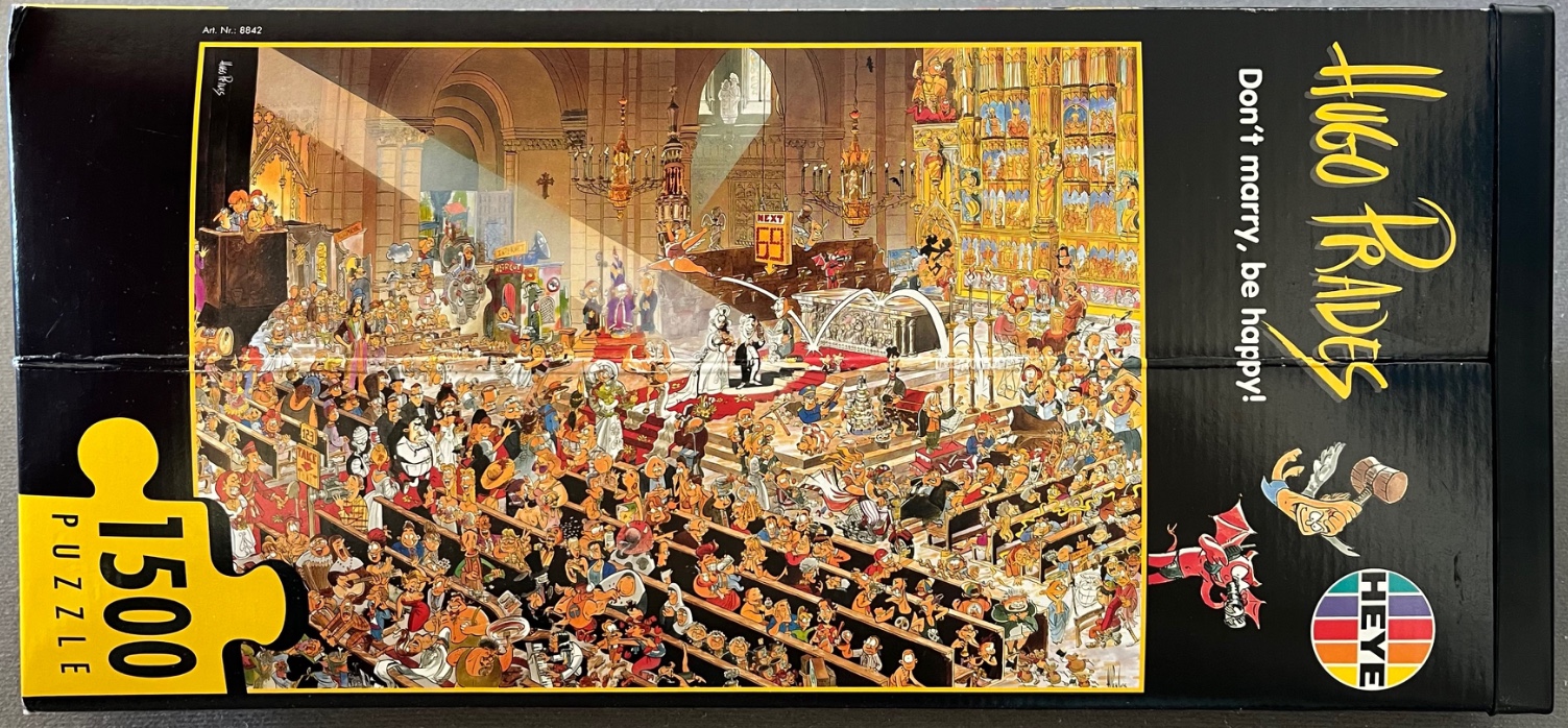 Cartoon illustration of a chaotic wedding ceremony inside a grand cathedral