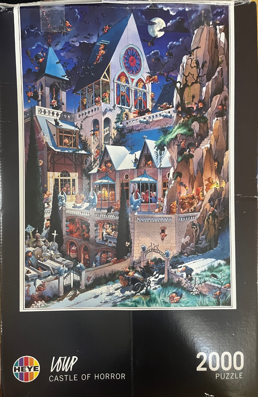 Illustration of a chaotic gothic castle filled with monsters, demons, and spooky characters under a full moon.