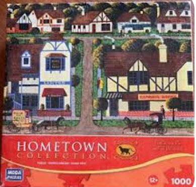 Illustration of a quaint English village street with timber-framed shops and horse-drawn carriages.