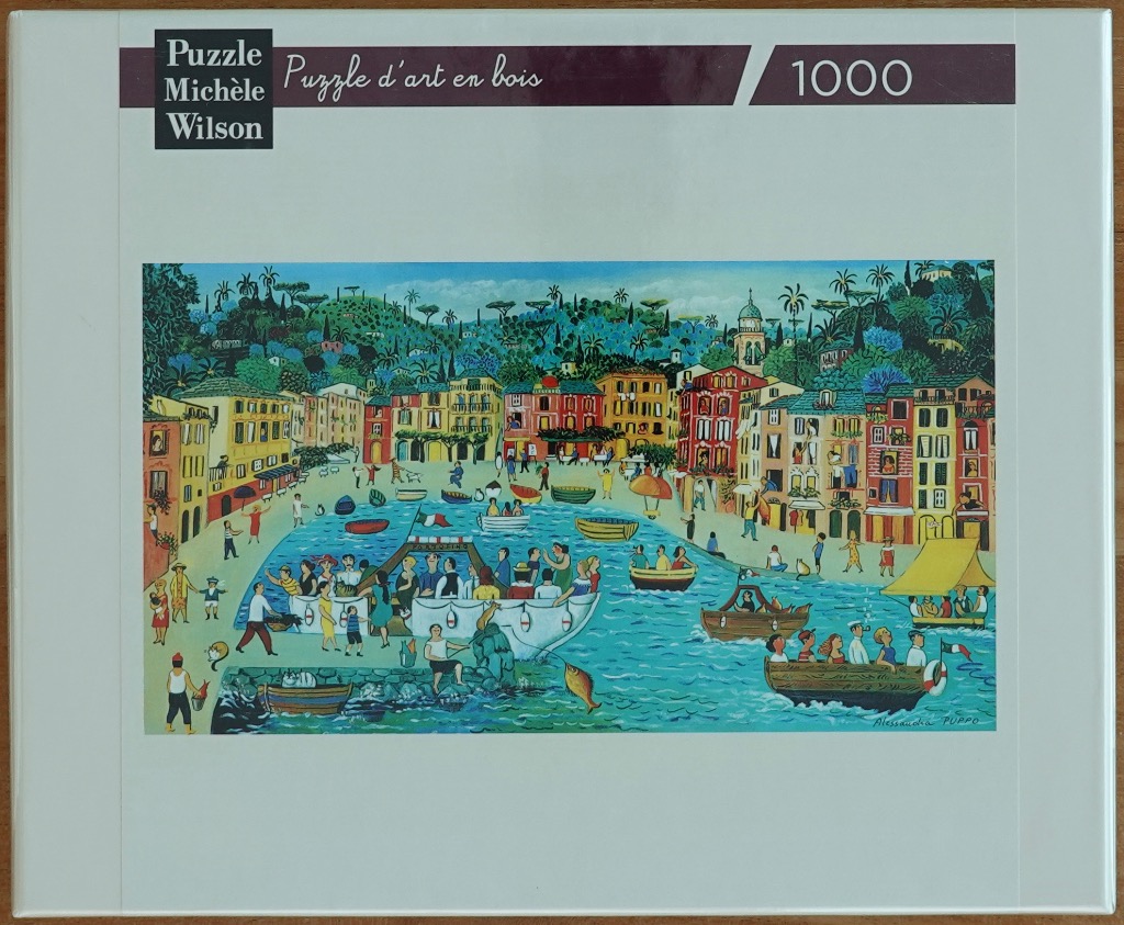 Whimsical folk art painting of the harbor at Portofino, featuring colorful buildings, small boats, and lively people.