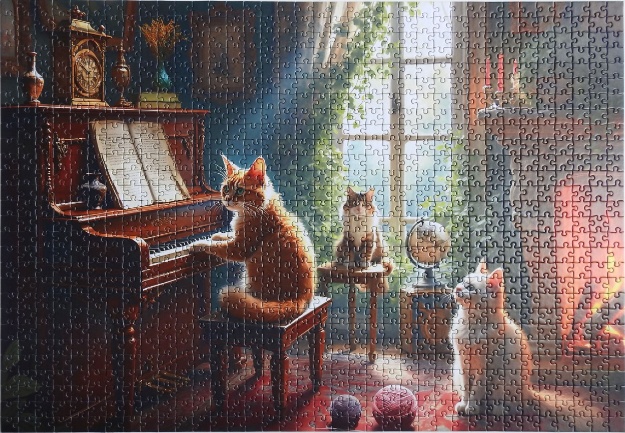 An orange tabby cat playing a piano in a cozy room with two other cats, a fireplace, and a window.