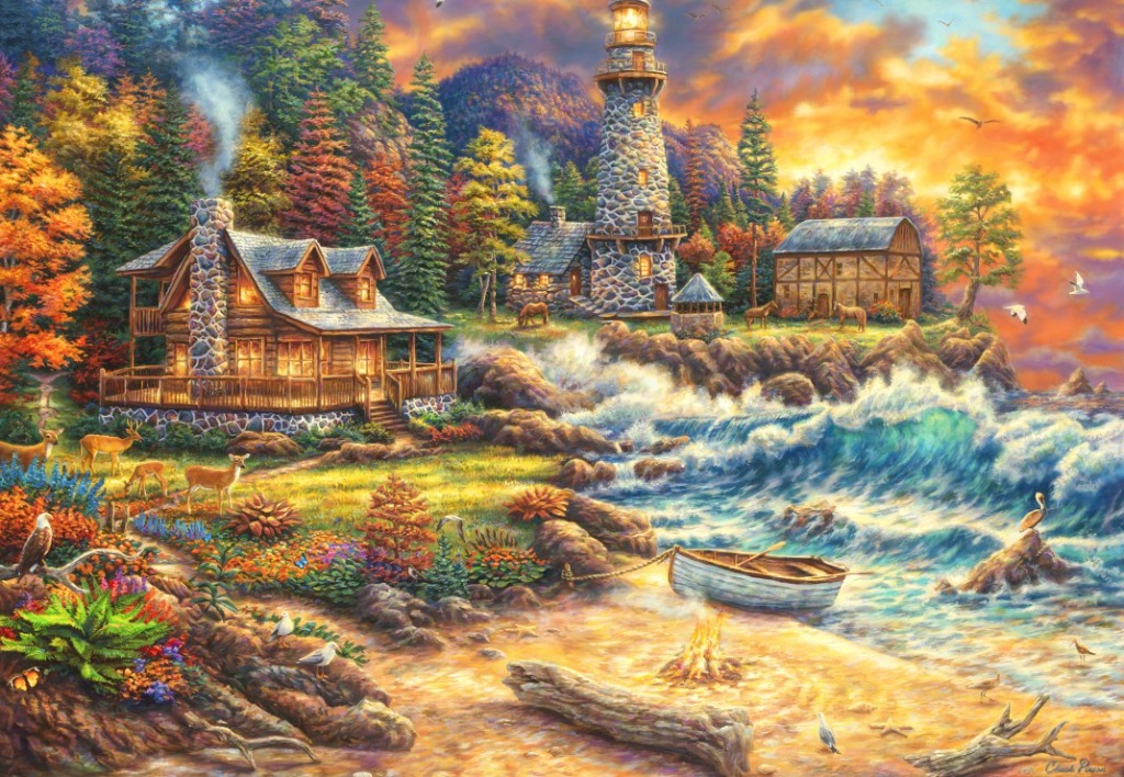 A cozy log cabin and a stone lighthouse stand on a rocky coastline at sunset with deer, birds, and a beach bonfire.