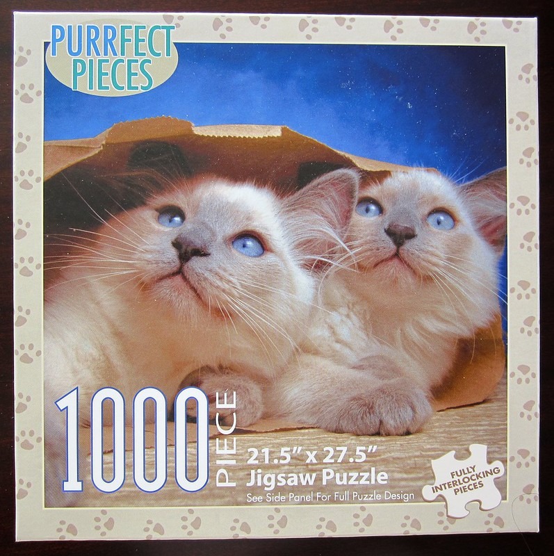 Two Siamese kittens with striking blue eyes peeking out from inside a brown paper grocery bag against a dark blue sky.