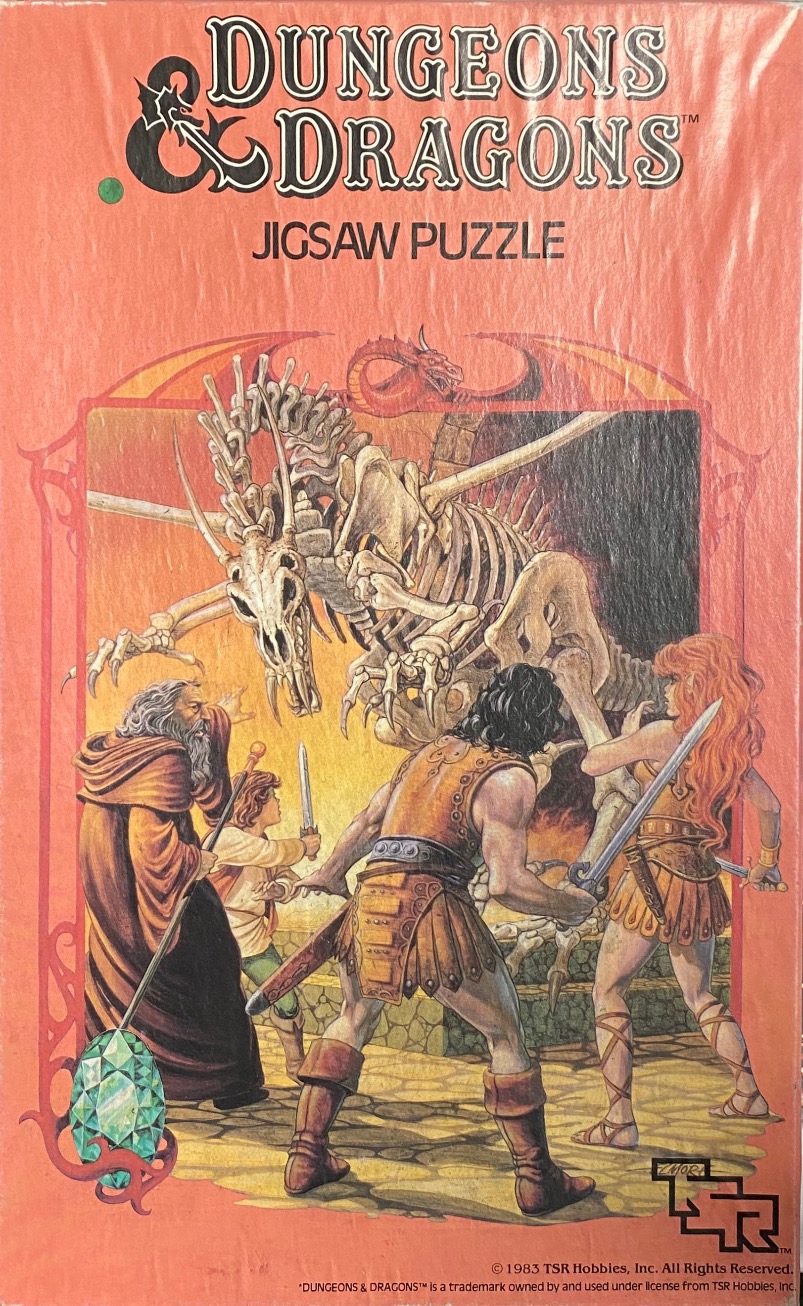 Fantasy illustration of a group of adventurers confronting a skeletal dragon in a dungeon.