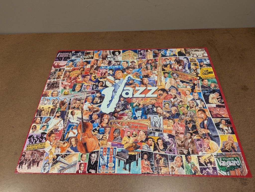 A collage of famous jazz musicians and iconic clubs with the word Jazz in large white letters.