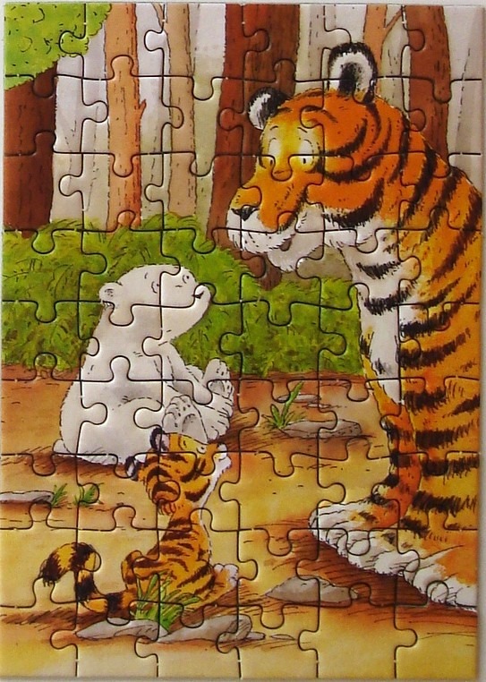 A whimsical illustration of a large tiger, a small tiger cub, and a small polar bear sitting together in a forest.