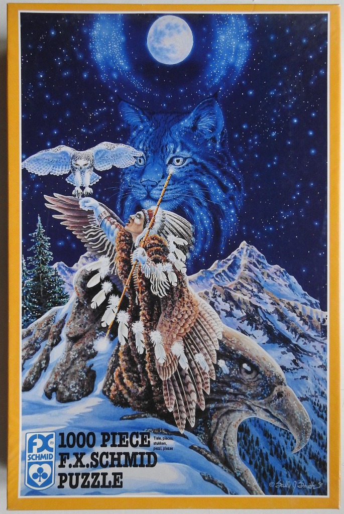 Fantasy illustration of a shaman, a snowy owl, a giant lynx face, and an eagle head in a moonlit mountain night.