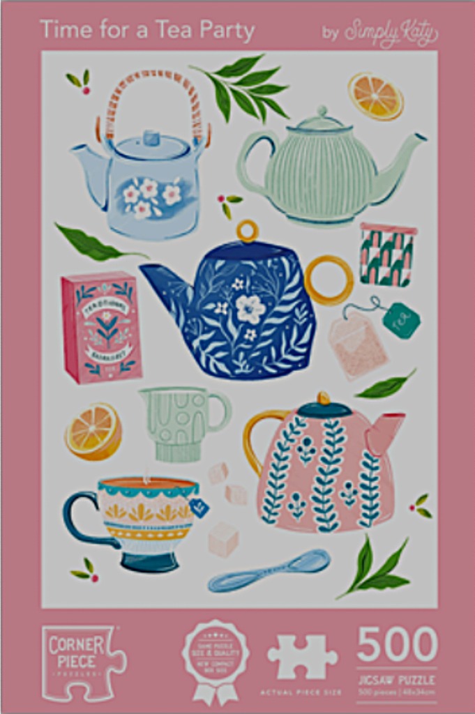 Whimsical illustration of various teapots, teacups, and tea-related items arranged on a light background.