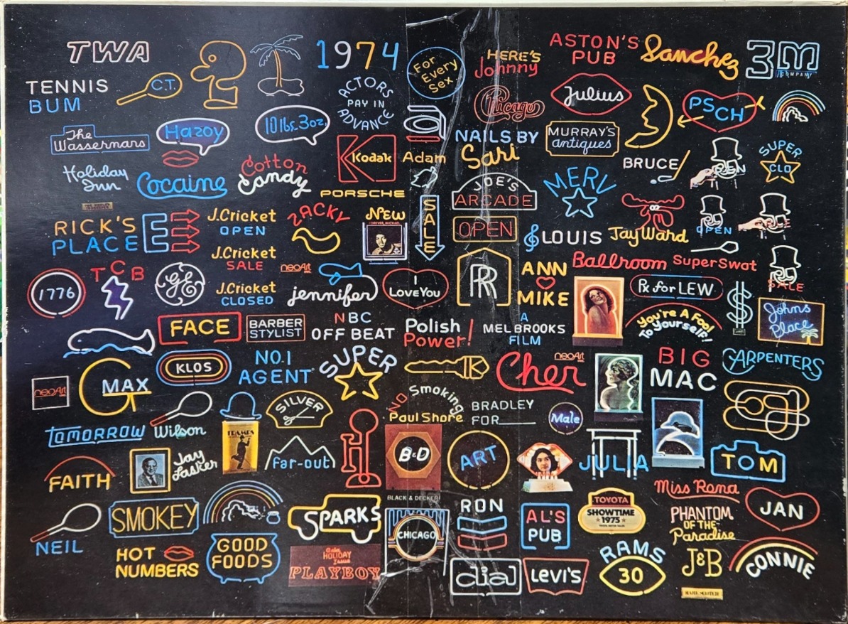 Collage of various neon-style signs and logos on a black background