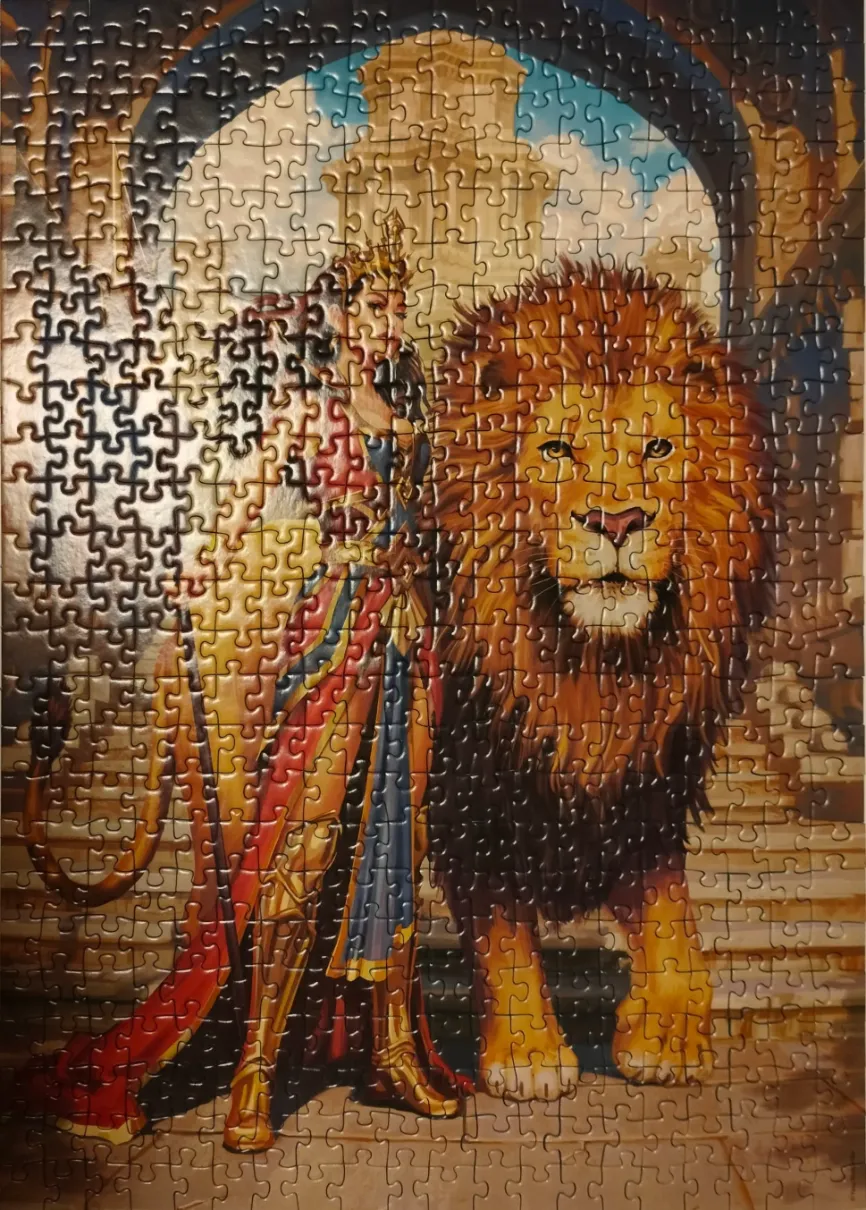 An illustration of a crowned woman in ornate gold and red armor standing beside a large male lion under an archway.