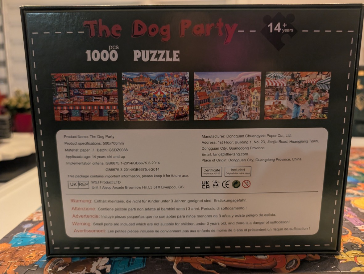 "The Dog Party" 1000-piece puzzle box featuring dog-themed scenes.