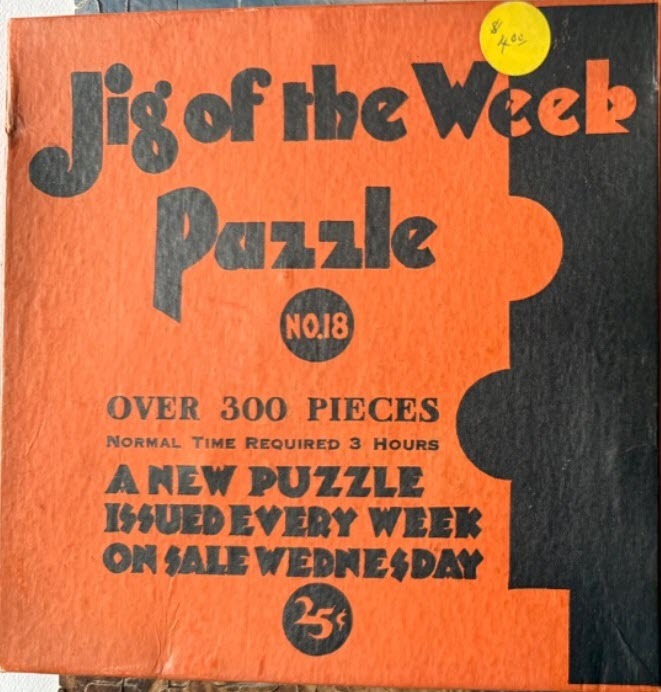 Vintage graphic print with text reading Jig of the Week Pazzle No. 18 in black against a bright orange background.