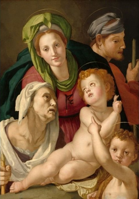 A classical oil painting depicting the Holy Family with Saint Elizabeth and Saint John the Baptist.