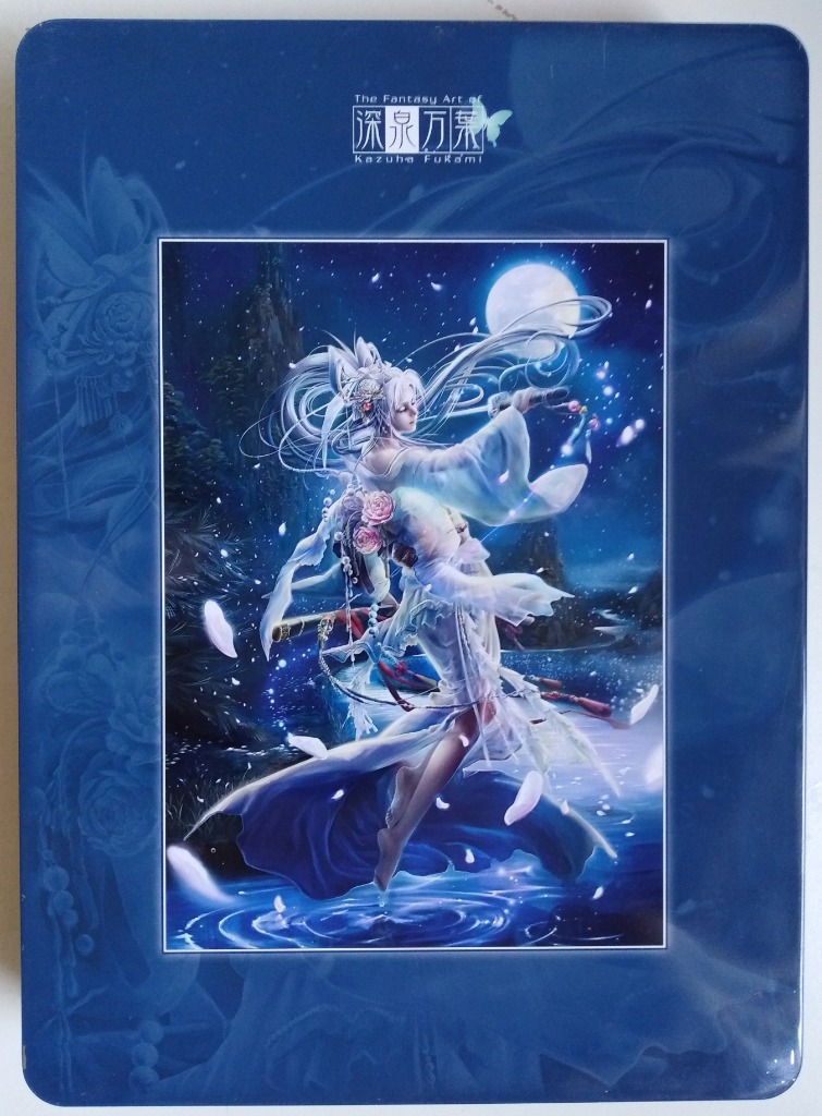 Fantasy illustration of a white-haired figure in a flowy gown dancing above water under a full moon.