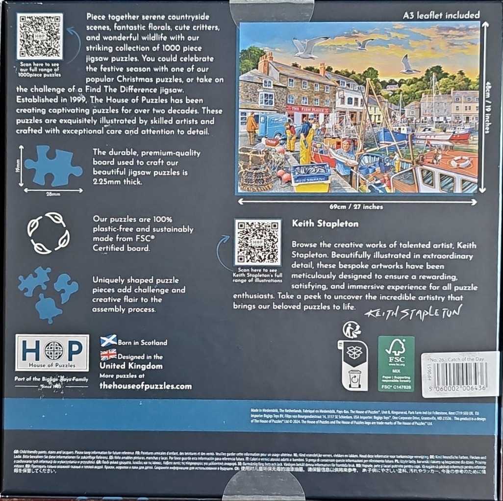 An illustration of a bustling British harbor scene with stone buildings, fishing boats, and a fishmonger.
