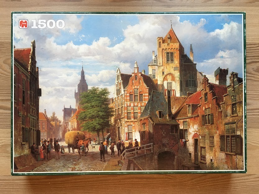 Oil painting of a 17th-century Dutch town scene with brick buildings, a horse-drawn cart, and figures on a cobblestone