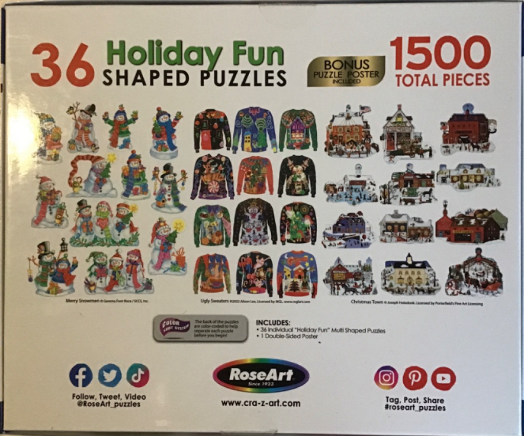 36 holiday shaped puzzles featuring snowmen, ugly sweaters, and festive buildings in vibrant colors.