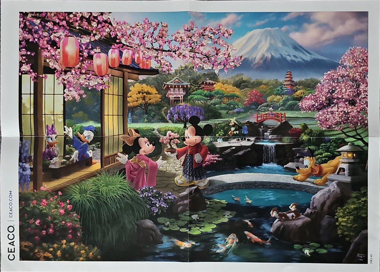 Mickey and Minnie Mouse in traditional Japanese attire standing near a koi pond with Mount Fuji in the background.