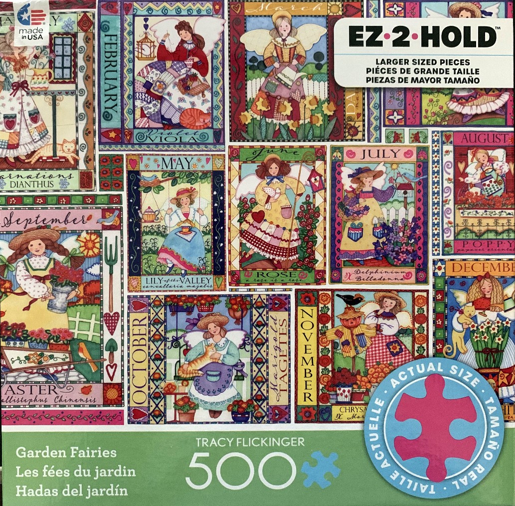 A calendar-style collage of twelve illustrations featuring garden fairies, each representing a different month.