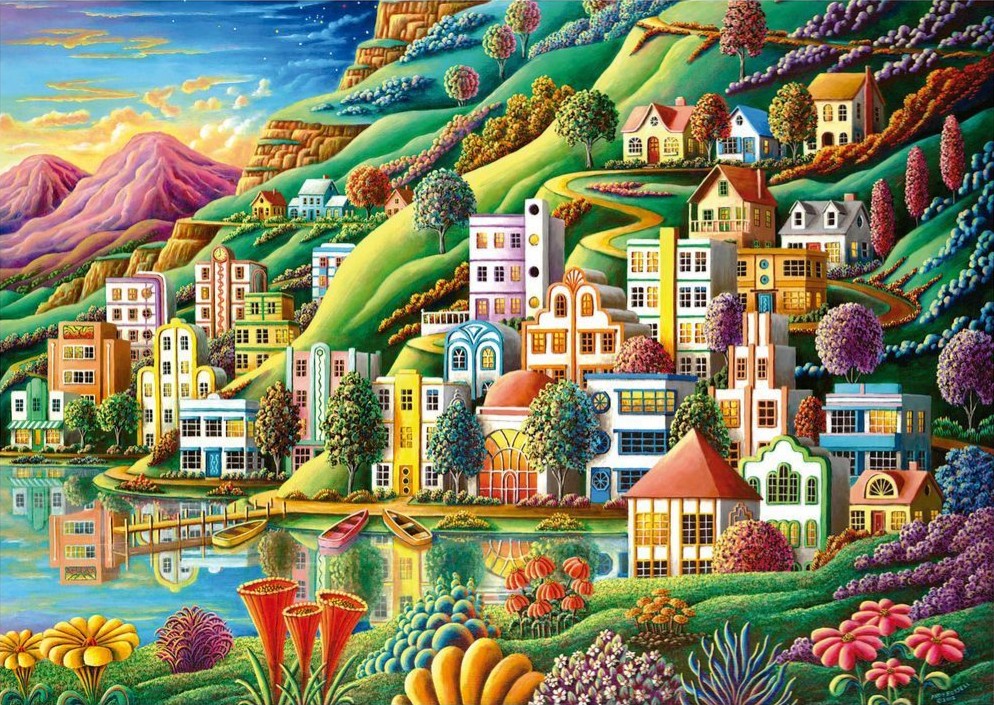 A vibrant, whimsical town nestled between rolling green hills and a tranquil lakeside.