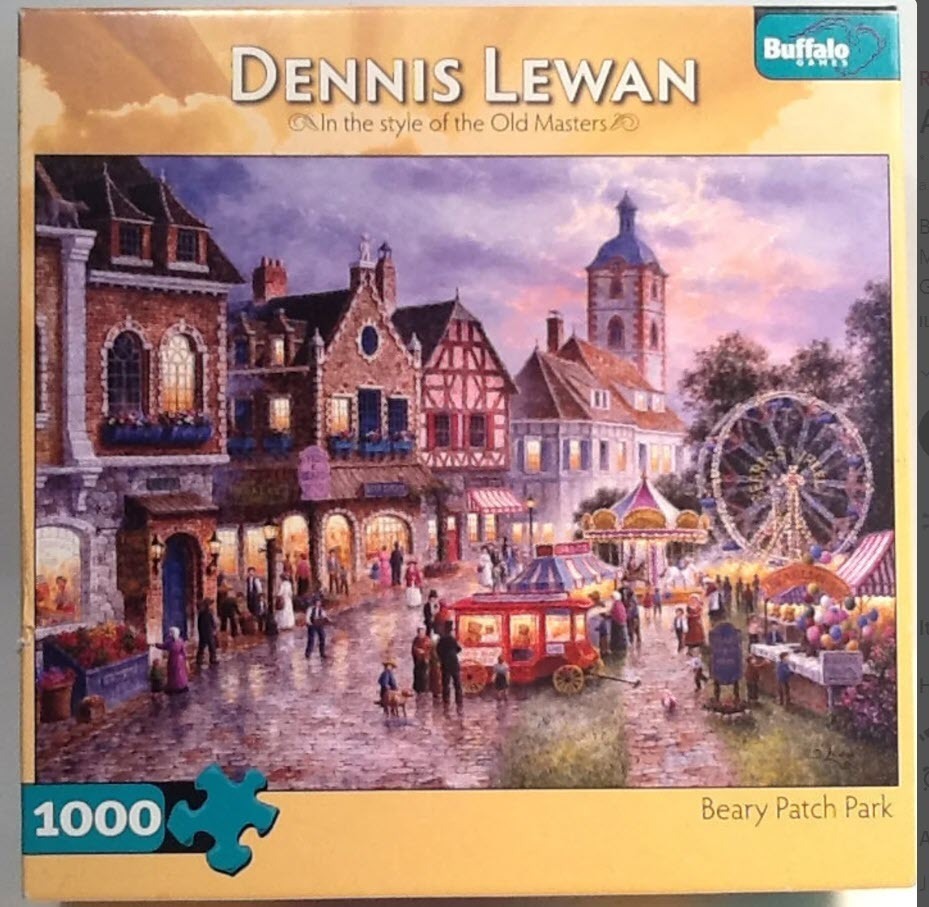 A nostalgic painting of a quaint European-style town square with a carnival, including a carousel and ferris wheel.