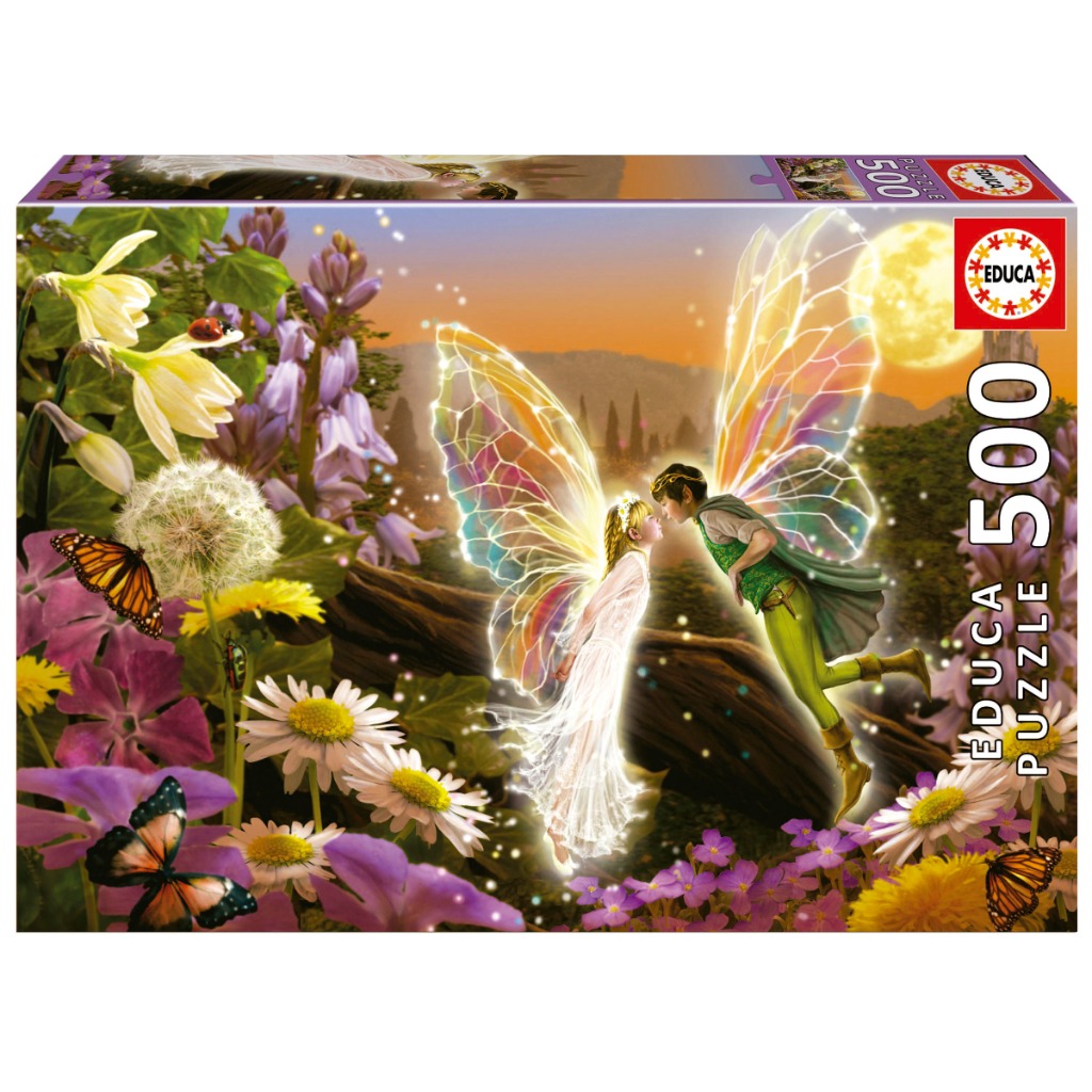 Two ethereal fairies facing each other in a magical flower garden at twilight.