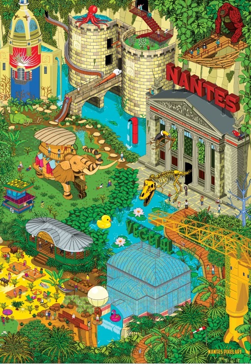 Isometric illustration of a lush, playful jungle-themed park in Nantes featuring architectural landmarks and creatures.