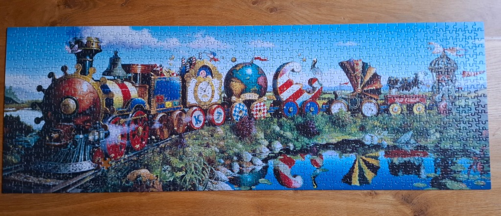 A fantasy illustration of a whimsical, colorful steam train traveling through a vibrant landscape.