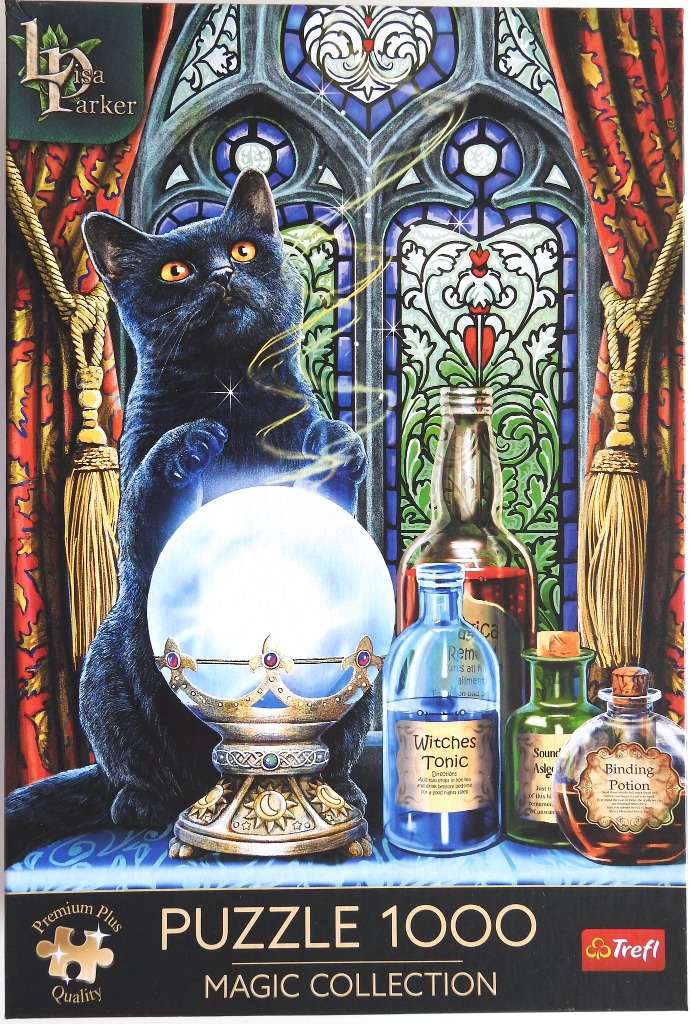 A black cat with glowing orange eyes sits before a crystal ball and magical potion bottles in front of a stained-glass window
