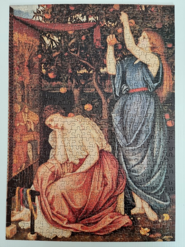 A painting of two women in an orchard, one standing and picking fruit, the other sitting and resting her head.