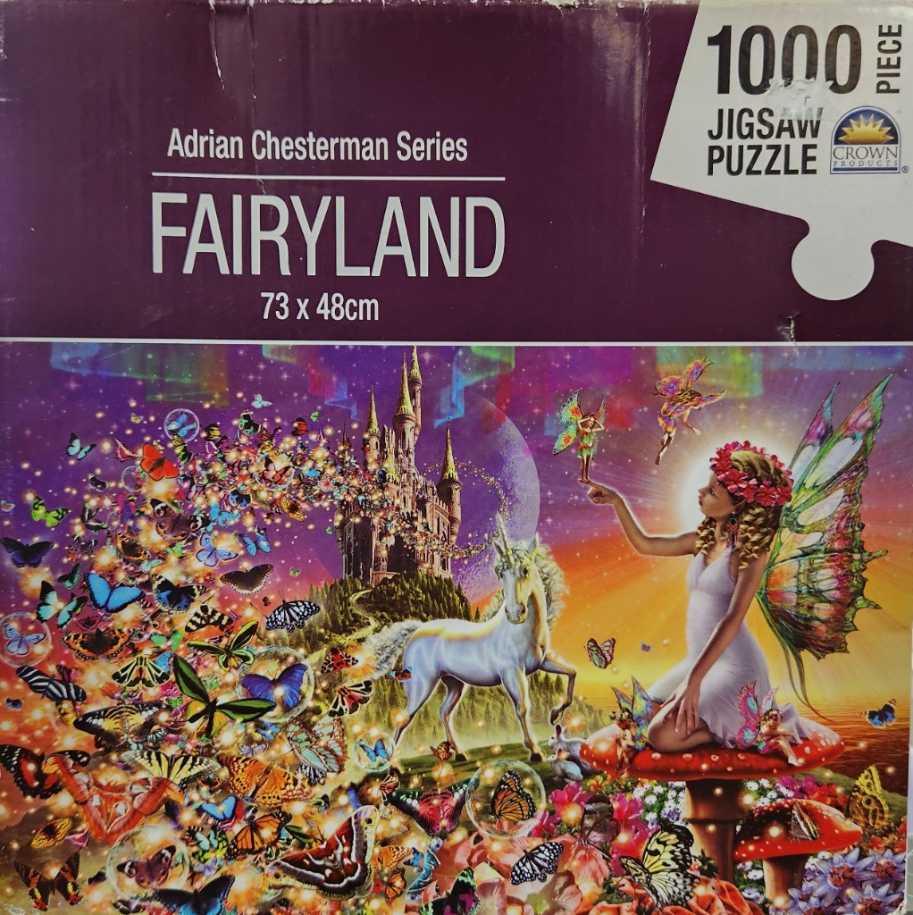A fantasy illustration of a fairy and unicorn in front of a castle, surrounded by a swarm of colorful butterflies.