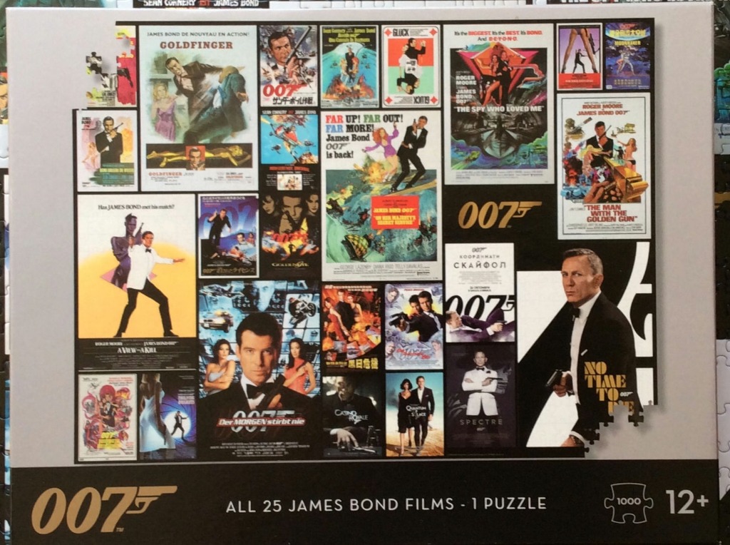 A montage of iconic James Bond film posters and imagery on a black background.