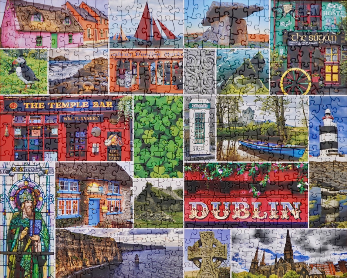 A collage of diverse Irish landmarks and cultural icons, including Dublin city scenes, rural landscapes, and ancient sites.