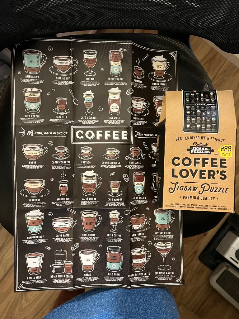 An illustrated guide to various coffee drinks arranged on a black background, next to a product box.