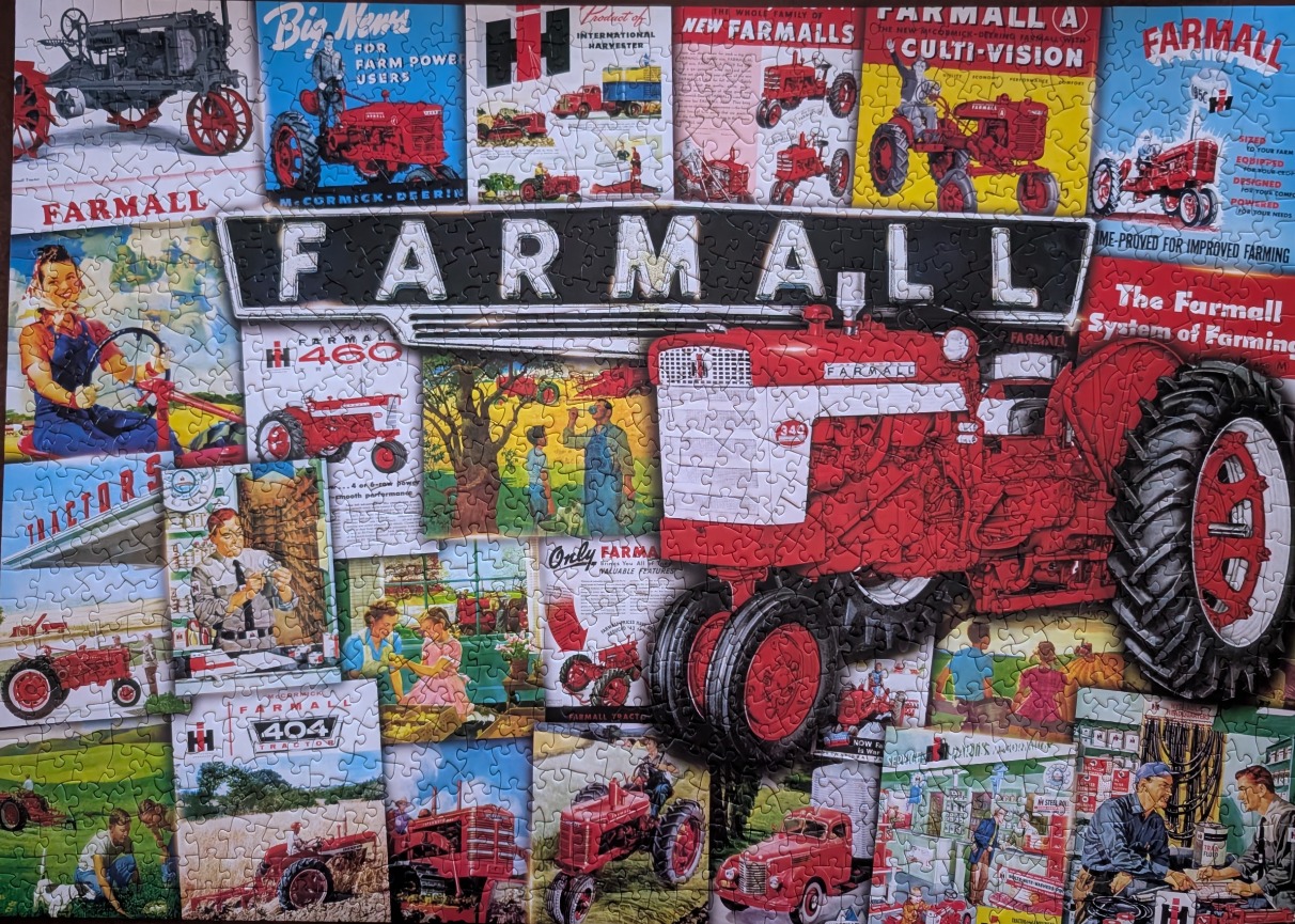 A collage of vintage Farmall tractor advertisements and illustrations featuring the iconic red tractors.