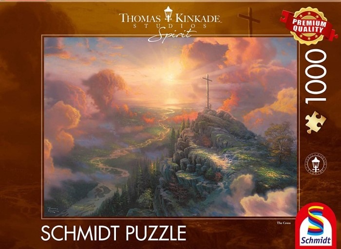 A painting of a lone cross standing on a rocky mountain peak overlooking a winding river at sunset.