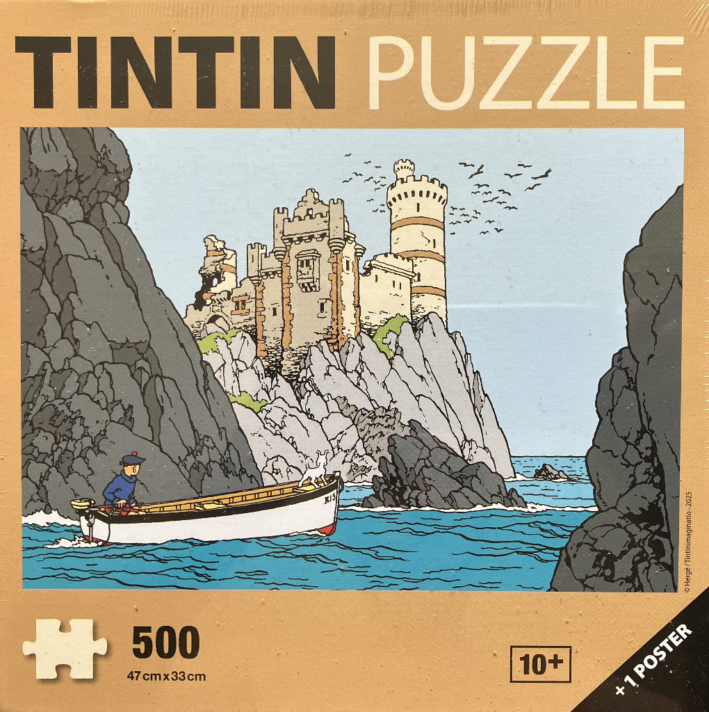 A Tintin comic style illustration showing Tintin in a motorboat approaching a medieval castle on a rocky cliff.