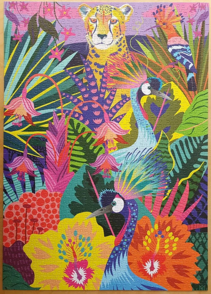 Vibrant, stylized illustration of a cheetah, two cranes, and a hoopoe bird surrounded by tropical flora and flowers.