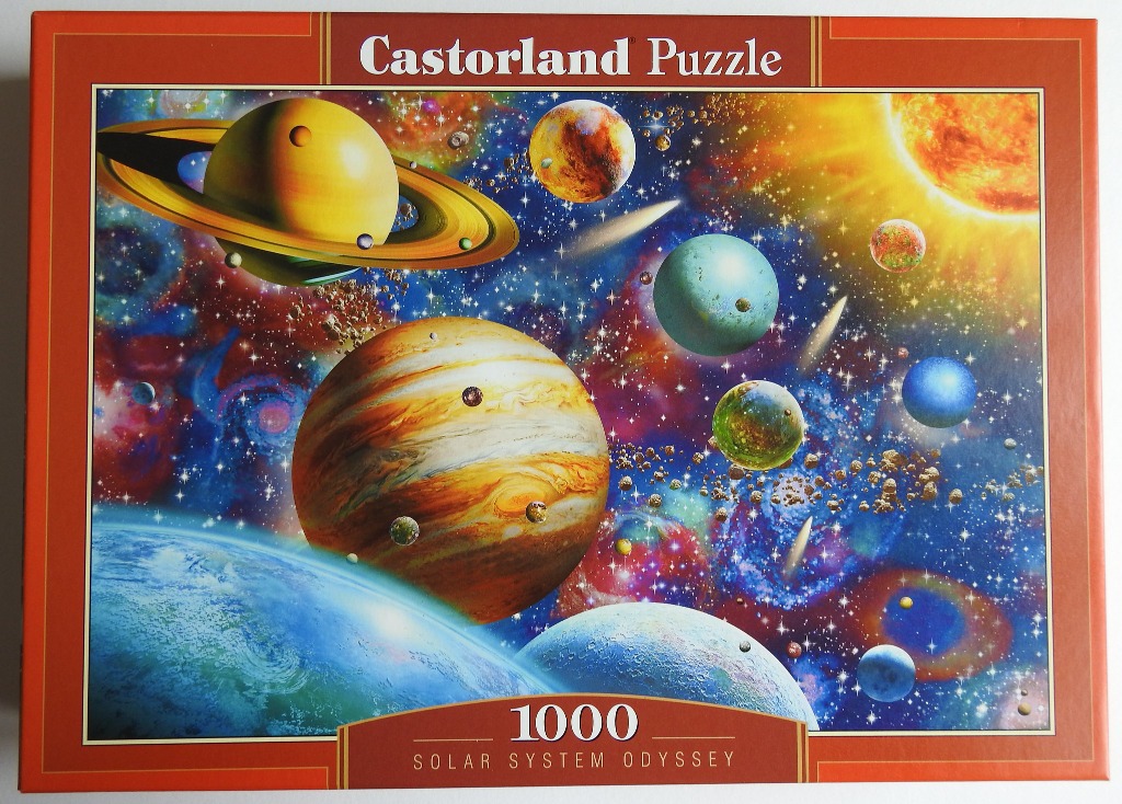 Artistic space scene featuring planets, a glowing sun, asteroid fields, and swirling colorful nebulae.