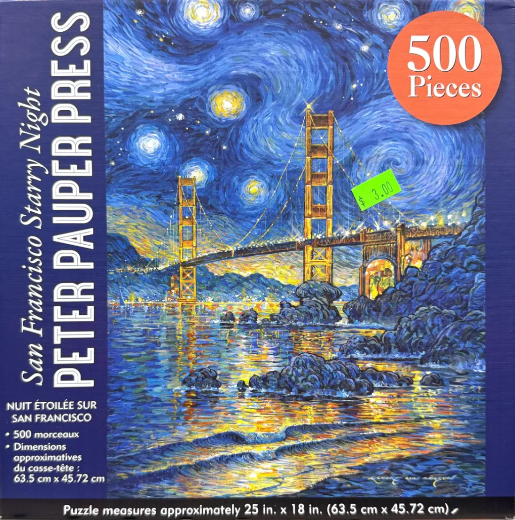 Impressionist-style painting of the Golden Gate Bridge under a swirling, starry night sky.