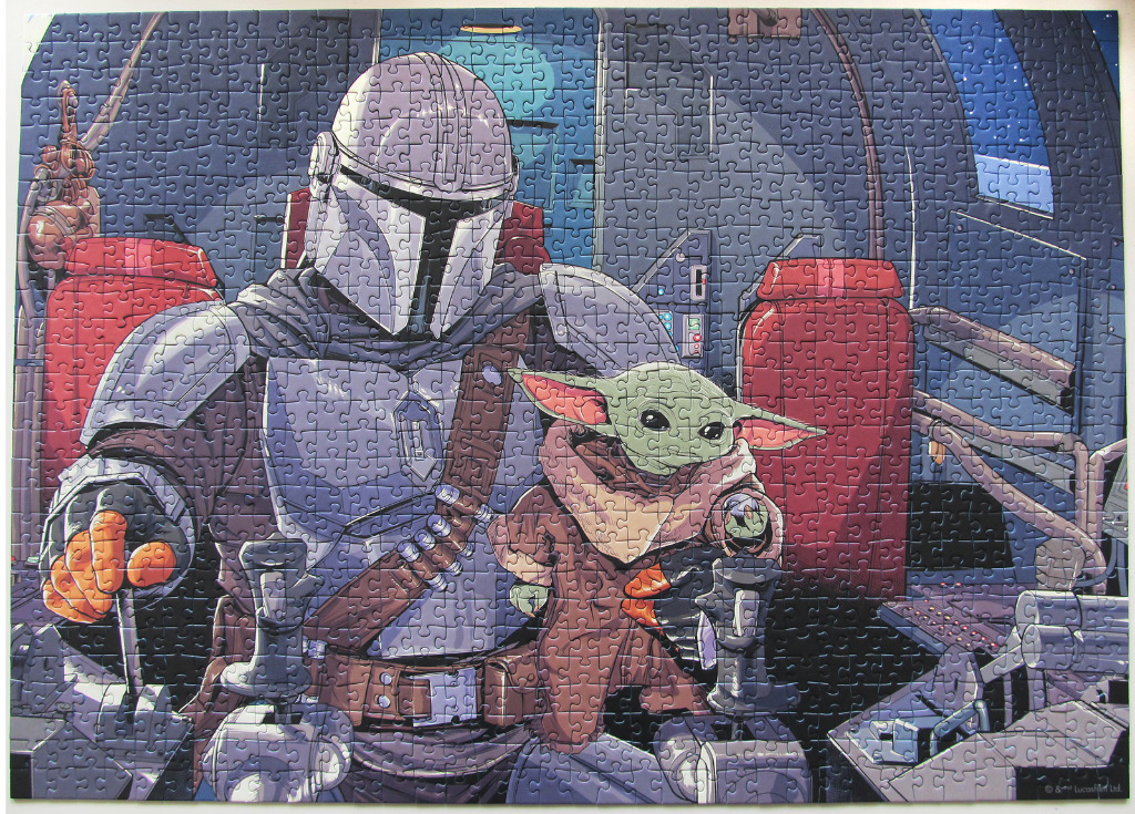 The Mandalorian and Grogu inside a spaceship cockpit in a stylized comic book art style.