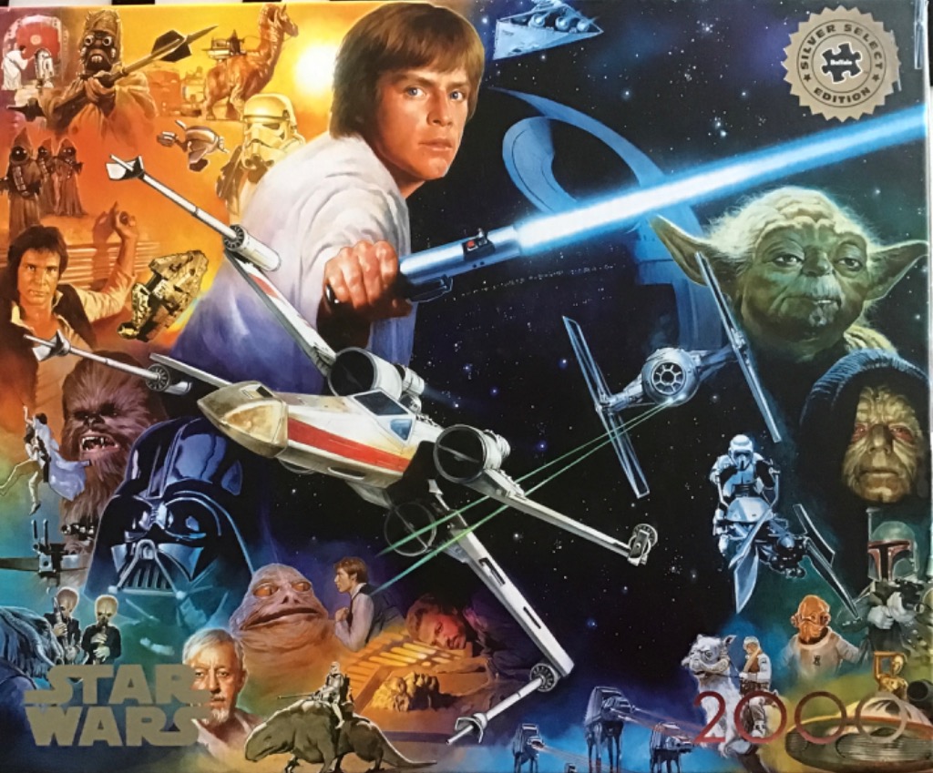 A montage of Star Wars characters and vehicles from the original trilogy against a split orange and space background.