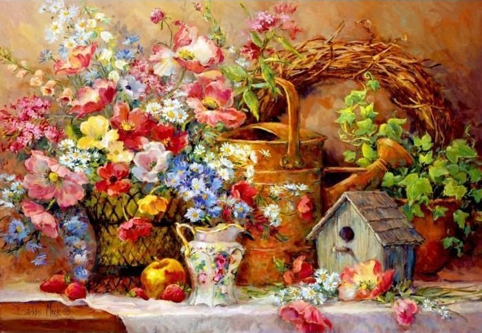 A lush, colorful floral still life featuring garden tools, a birdhouse, and fresh flowers on a tabletop.
