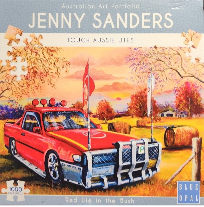 Painting of a bright red utility vehicle with a bull bar parked in an Australian rural landscape at sunset.