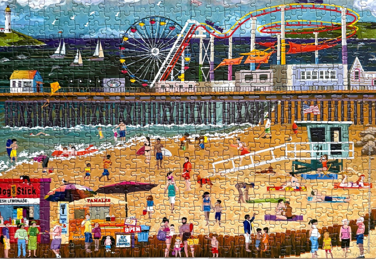 A folk-art style painting of a crowded beach scene with a pier, roller coaster, and Ferris wheel in the background.