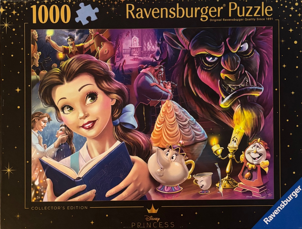 Collage of characters from Beauty and the Beast including Belle reading, the Beast, and the enchanted household objects.